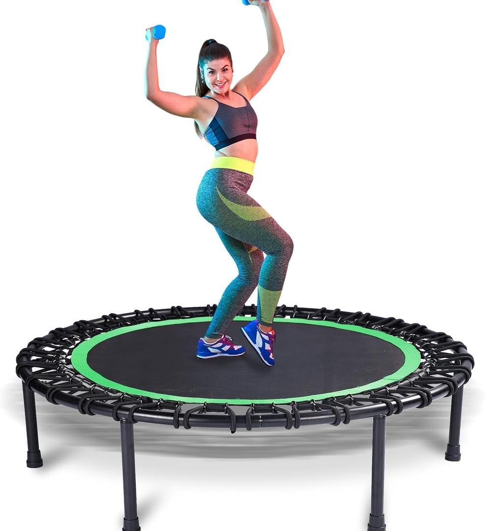 Mini Fitness Trampoline with Bungees Stable & Quiet Rebounder for Adults, Perfect for Indoor & Outdoor Workouts (Green) 40"L x 40"W x 11"H