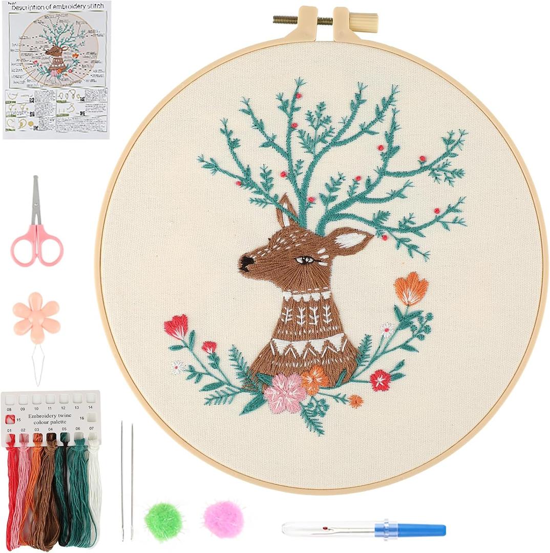 Beginner Deer Embroidery Kit for Adults, Pre-Printed with Video Tutorial | Complete Kit with Hoop, Threads, Needles, Scissors and Instructions, Simple Floral Needlework Project and Gift for Women