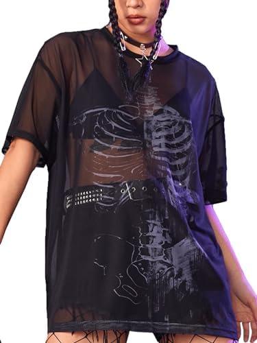 Floerns Women's Short Sleeve See Through Sheer Mesh Tee Shirt Blouse Tops L