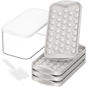 DOQAUS 4 Pack Round Ice Cube Trays with lid and Bin, Easy Pop Out with Cover for Freezer, Compact Storage Ice Bucket Kits, Scoop for Baby Food, Cocktail, Coffee (Gray)