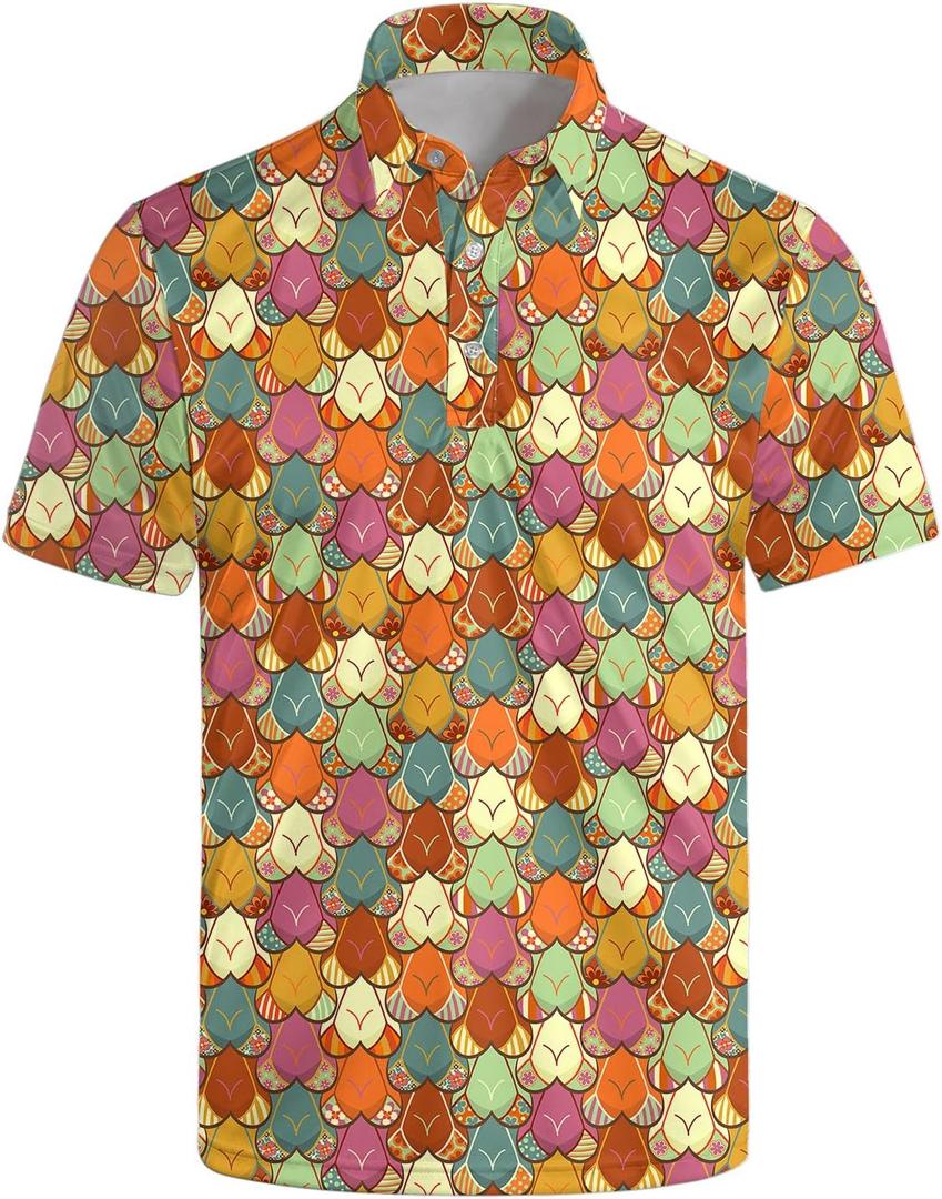 Golf Polo Shirts for Men Athletic Golf Polos Short Sleeve Performance Golf Shirts (Medium, Retro Floral Orange)