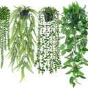 Der Rose 4Pcs Fake Plants Hanging Artificial Ivy Vine Faux Eucalyptus Hanging Plants, Boston Fern, String of Pearls for Living Room Aesthetic Bedroom Boho Kitche Wall Shelf Indoor Outdoor Decor (Black Pots-4pcs Green)