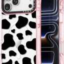 for iPhone 17 Pro Case Cute - Compatible with Magsafe - Military-Grade 20 ft Drop Protection Shockproof Phone Case - Funny Milk Cow Print Design (6.3") Glitter Pink