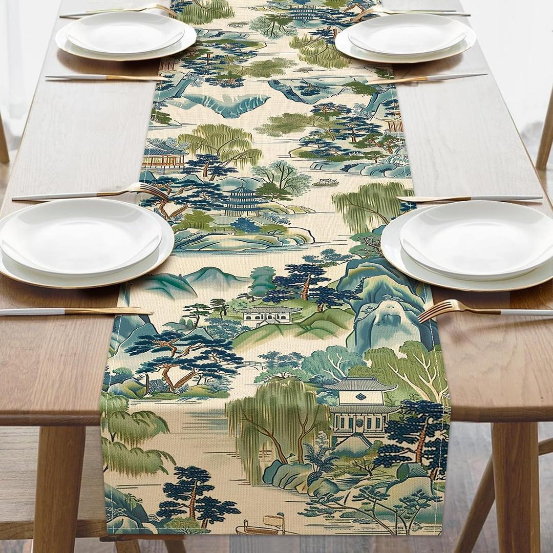 Chinoiserie Vintage Style Mountain Dining Table Runner, Landscape Painting Art Burlap Kitchen Decoration, Retro House Trees Indoor Outdoor Home Decor Party Supply 13x90 Inches