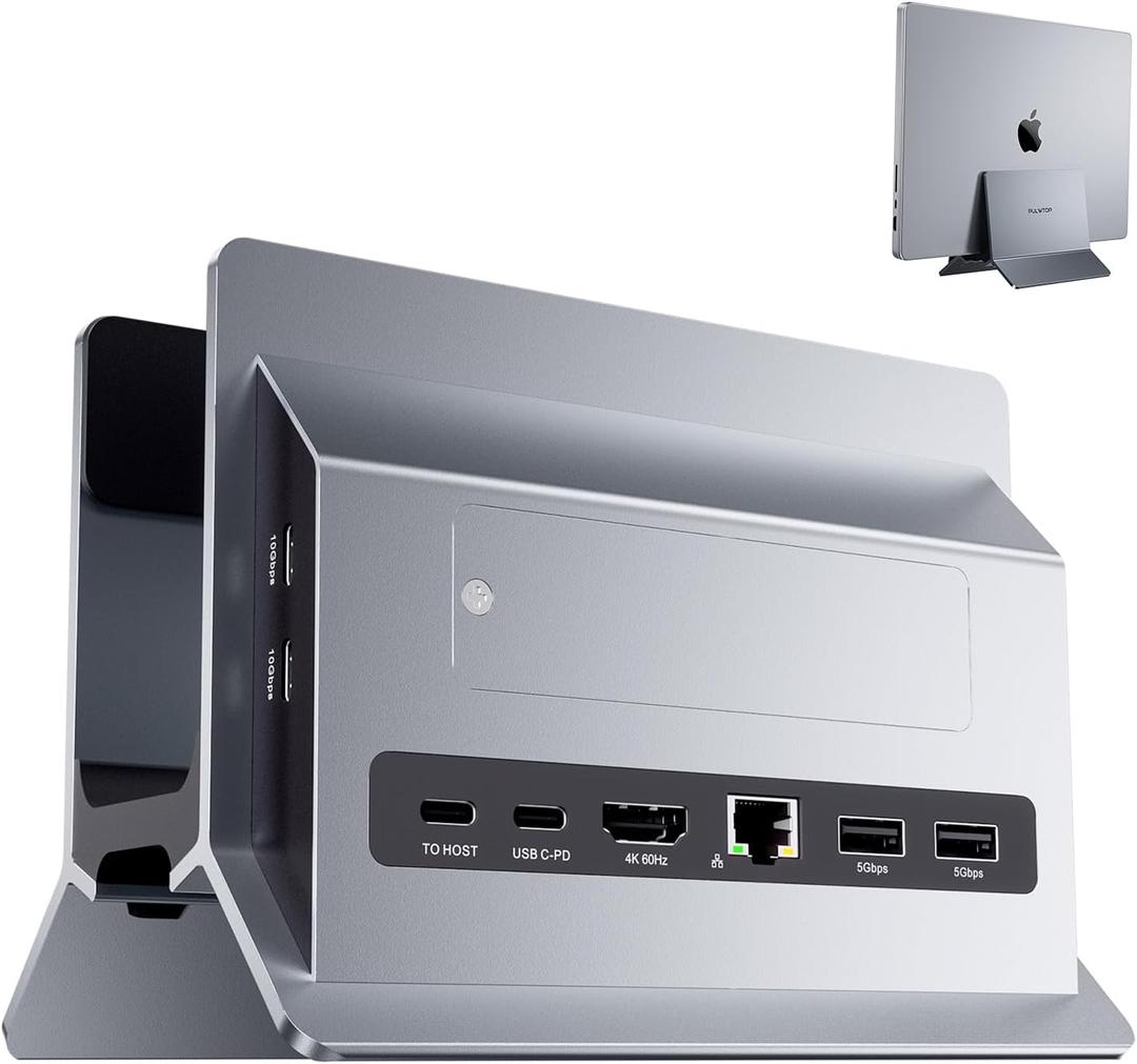 Vertical MacBook Docking Station, PULWTOP Docking Station for Mac mini with M.2 NVMe case for MacBook Pro/Air, 4K@60Hz HDMI, 2USB C 10Gbps, SD/TF, 100W PD, RJ45, 2 USB A for Windows Laptops (Grey)