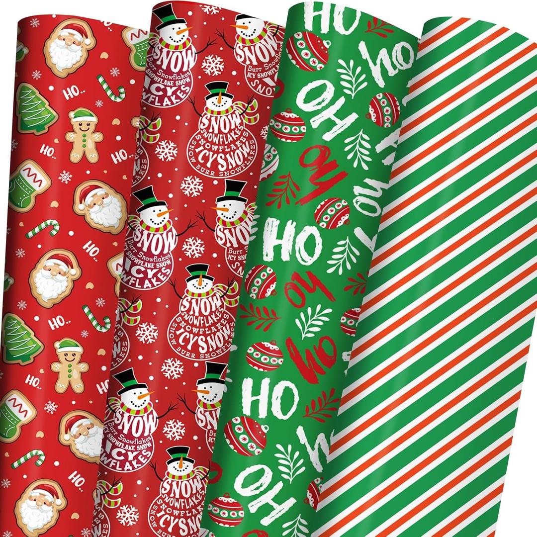 Cuitpan Red Green Christmas Wrapping Paper for Kids Adults - Holiday Gift Wrap with Gingerbread Men, Snowmen, Santa, Striped, HO HO HO Designs - 28 x 40 Inches, 6 Large Sheets - Easy Storage