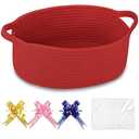 COMSE Small Woven Basket with Gift Bags and Ribbons, Gift Basket Empty, Cotton Rope Storage Organizer, Baby Toy Box with Handles, 12" x 8" x 5", Red