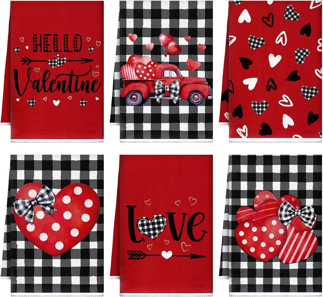6 Pcs Valentines Day Kitchen Towels Buffalo Plaid Dish Towels Truck Hand Towels Heart Love Dish Towel Black Red Drying Tea Towel Bathroom Housewarming Gifts for Wedding Anniversary Cooking