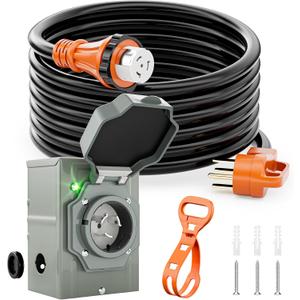 50 Amp Generator Power Cord 25ft and Inlet Box Kit, NEMA 14-50P to SS2-50R Twist Lock with Organizer for RV, Outdoor