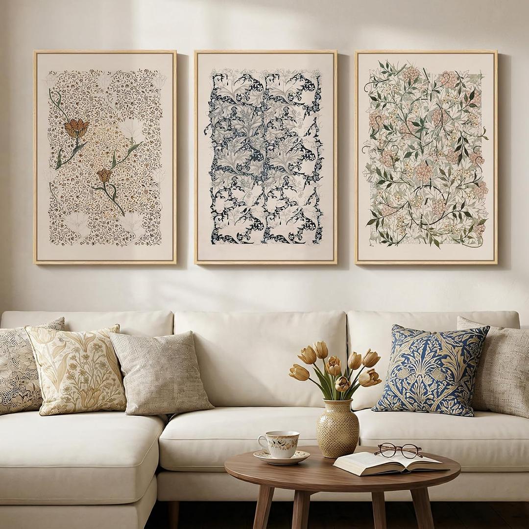 Large Framed William Morris Wall Art Set of 3, Vintage Neutral Botanical Floral Canvas Prints, Boho Nature Wall Decor for Living Room Bedroom Hallway Office, 24x36 Inch, 24"W x 36" H x 3Pcs