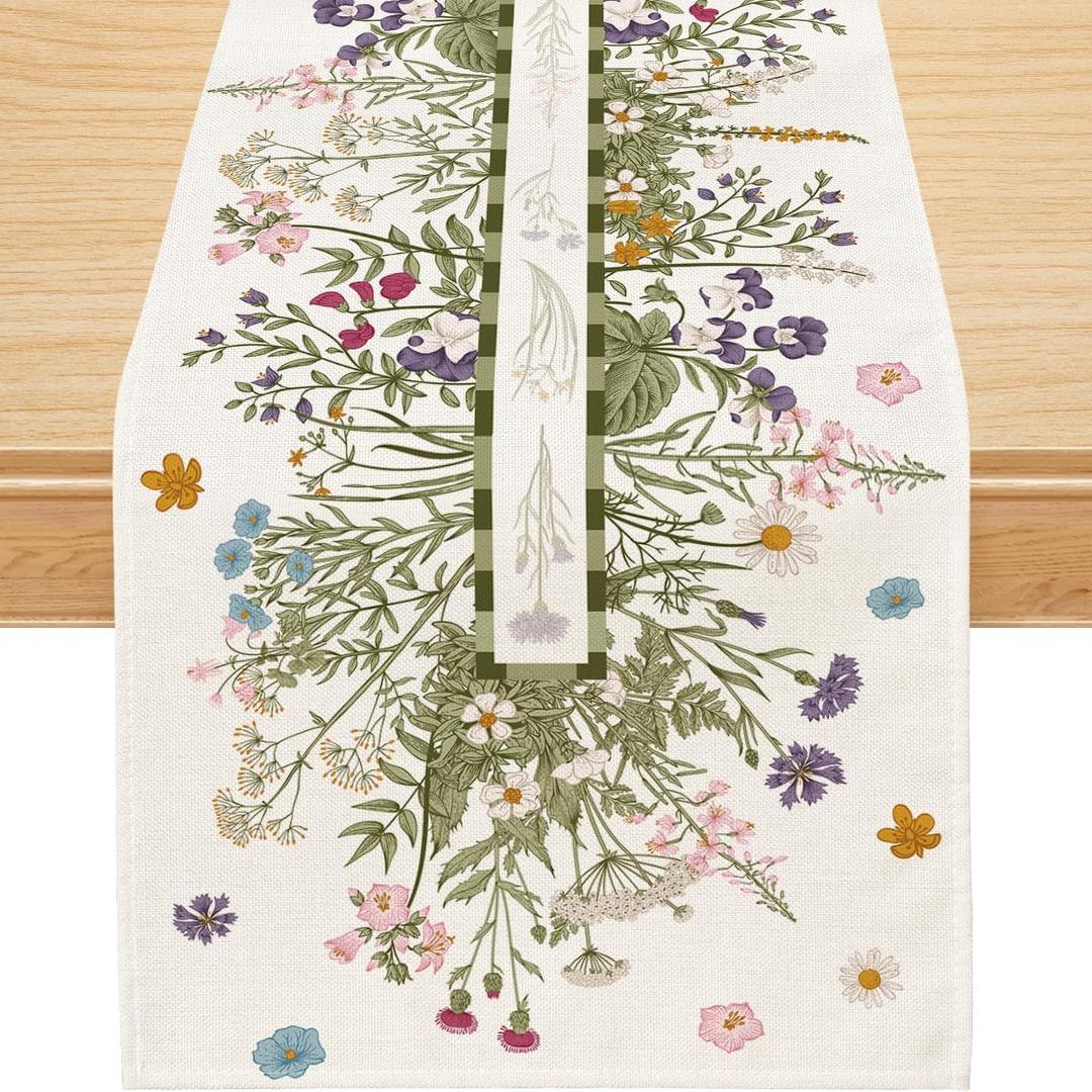 Spring Table Runner, Wildflowers Floral Butterfly Table Decoration Seasonal Summer Home Kitchen Dining Table Indoor Outdoor Farmhouse Decor 13x72 Inch