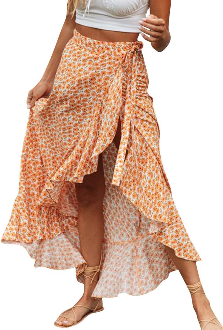 BerryGo Women's Boho Floral Wrap Maxi Skirt High Waisted Long Skirt with Slit (12, Orange)