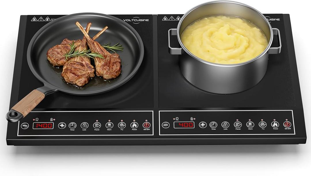Double Induction Cooktop 1800W, Portable 2 Burner Electric Cooktop with Button Control, 10 Power Levels, 4-Hour Timer, Child Lock, Low Power Continuous Heating, 110-120V