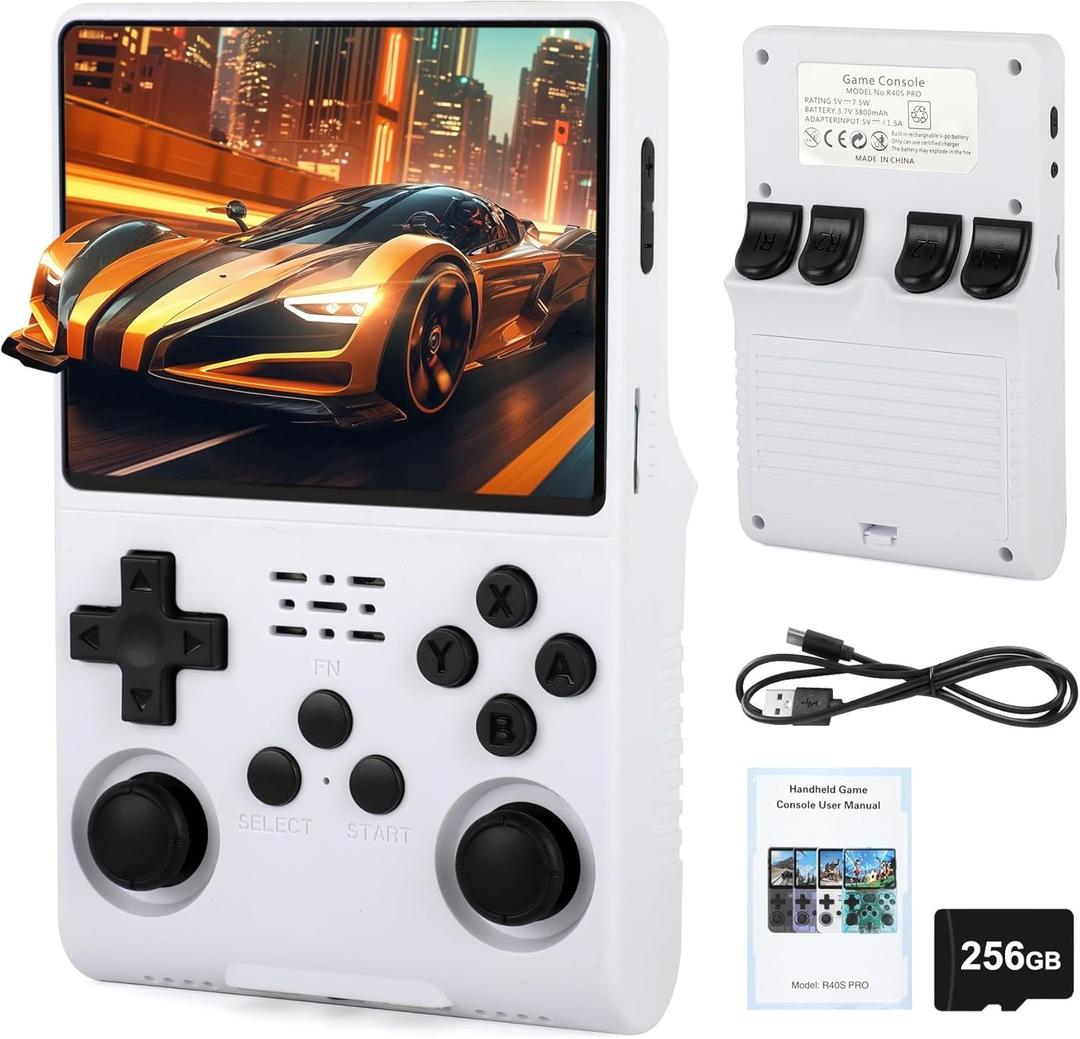 R40S Pro Handheld Retro Gaming Console – 256GB Storage, 3800mAh Battery, 3.5" Full-Lamination IPS Screen, 20+ Emulators, Preloaded 30, 000 Games, WiFi Multiplayer Support (White)