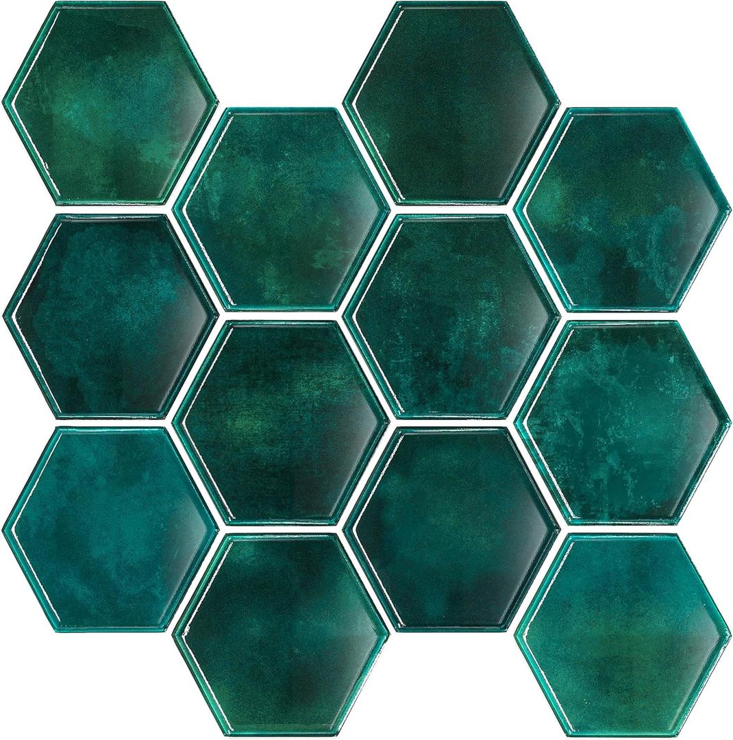 VEELIKE 6 Sheets Green Hexagon Peel and Stick Backsplash for Kitchen Marble Backsplash Tile 12''x12'' Back Splashes Stick on Tile Waterproof Self Adhesive Wall Tiles for Bathroom Hallway Fireplace