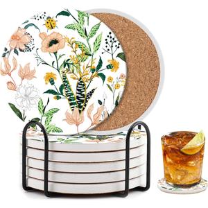 2 x Cute Flower Coasters Set of 6 with Holder and Cork Base - 4in Absorbent Ceramics Coaster for Tabletop Protection Drink Coasters-Coffee Table Decoration,Home Decor-Housewarming Gifts for New Home