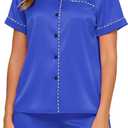 HALCYEEN Womens Silk Satin Pajama Set Soft Short Sleeve Sleepwear Button Down Lounge 2 Piece Nightwear Pjs S-XXL (Blue, XXL)