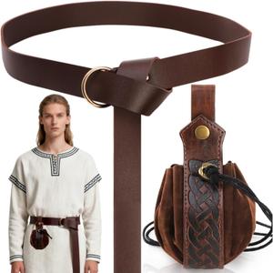 2 Pcs Medieval Belts with Belt Pouch, Renaissance Leather Belt with Drawstring Bag, Vintage Knight Belts and Waist Bag, Renaissance Medieval Leather Set for Halloween Cosplay
