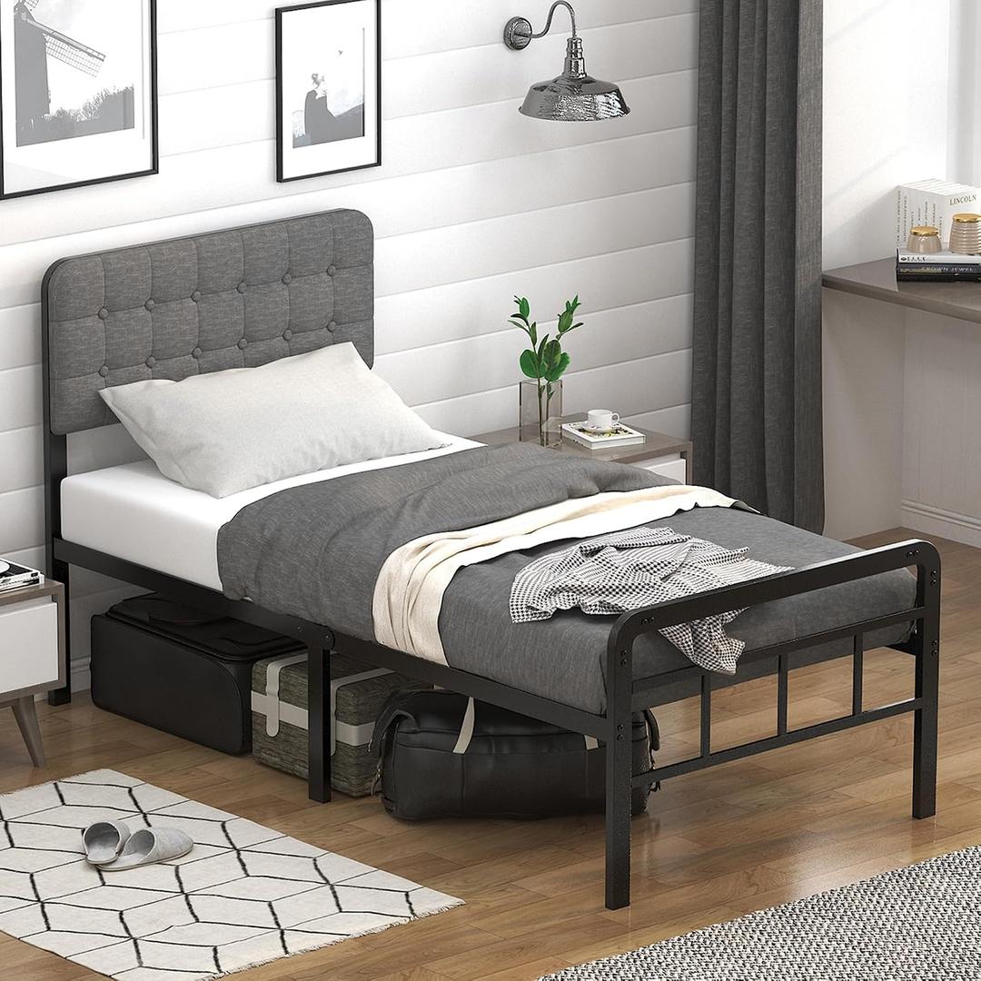 EMODA 16 Inch Twin XL Bed Frames with Upholstered Headboard and Metal Footboard, Heavy Duty XL Twin Metal Bed Frame, No Box Spring Needed, Easy Assembly
