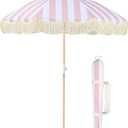 Lefedrasticity Boho Outdoor Umbrella with Tassels,6ft Table Umbrella Outdoor Patio with Knobs Tilt,Wind Resistant Portable Beach Umbrella UPF50+ Fringe Umbrellas For Pool Backyard Deck Garden (Pink Stripe)