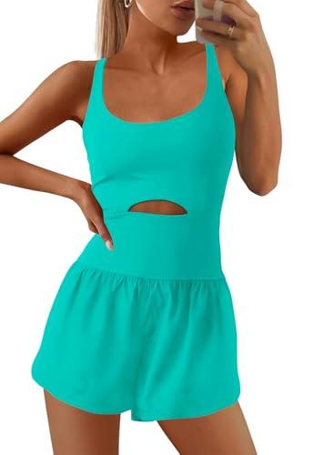 SENSERISE Womens Workout Rompers Athletic Romper Running Onesie One Piece Exercise Jumpsuits Gym Yoga Outfits(Lake Green,XS)
