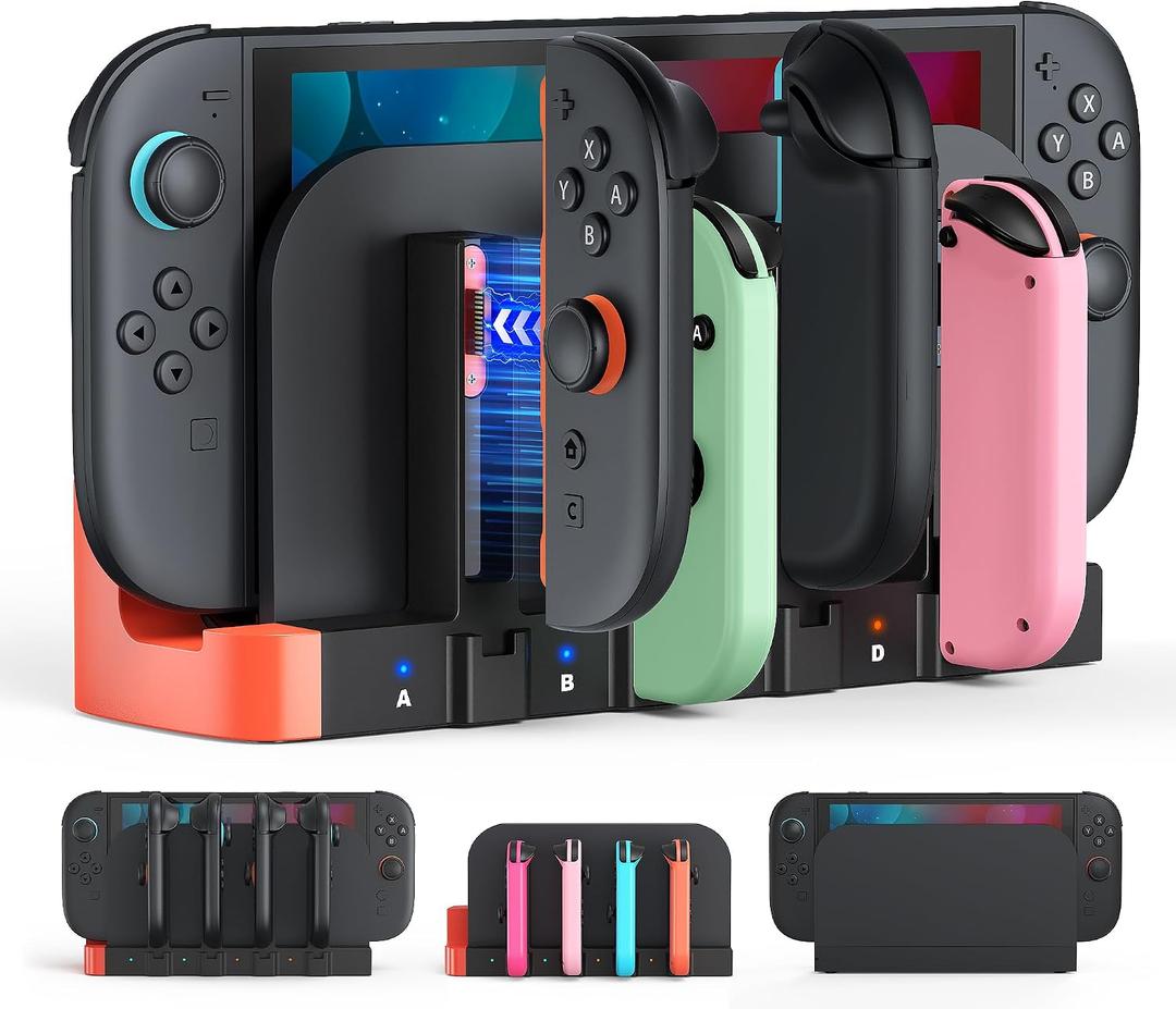 2 x [Switch 2/1 Controller Charger Dock] for Nintendo Switch 2 2025 for Joycons | 8 in 1 Portable Fast Charging Station Accessories, Dual-Direction Magnetic Stand with LED Indicator & Extra USB 2.0 Port