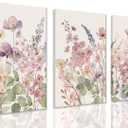 ZQARTZZQ Framed Colorful Wildflower Canvas Wall Art, Pink and Purple and Floral Paintings Watercolor Botanical Flower Wall Decor Pictures Prints Set of 3 for Living Room Girls Bedroom Bathroom 12x16in