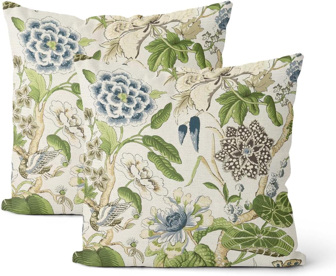 Chinoiserie Pillow Covers 20x20 Inch Set of 2 Vintage Blue Green Floral Bird Throw Pillows Chinoiserie Flower Pillowcases Outdoor Decor Linen Cushion Covers for Couch Sofa