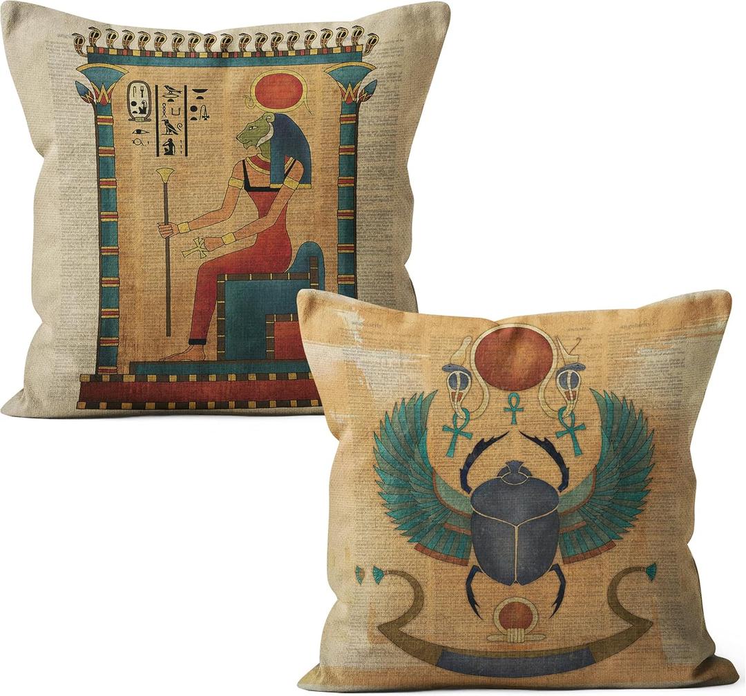 Egyptian Decor Pillow Covers Set - 2 Pieces 18x18 Ancient Egyptian Hieroglyphs Throw Pillow Cover, Ancient Egypt Party Room Decor, Gifts for Egyptian Lovers, Sun God Ra, Tefnut