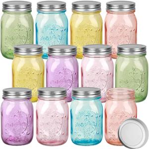 Pinkunn 12 Pcs 16 oz Colored Mason Jars with Lids Bulk, Vintage Color Glass Mason Jars for Storage Airtight Regular Mouth Glass Container for Fermenting Jelly DIY Crafts(Colorful)