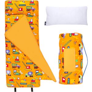 Wildkin Microfiber Nap Mat for Kids 50 x 20 in all-in-one microfiber nap mat with attached blanket, removable pillow, roll-up straps and carry handle, Under Construction