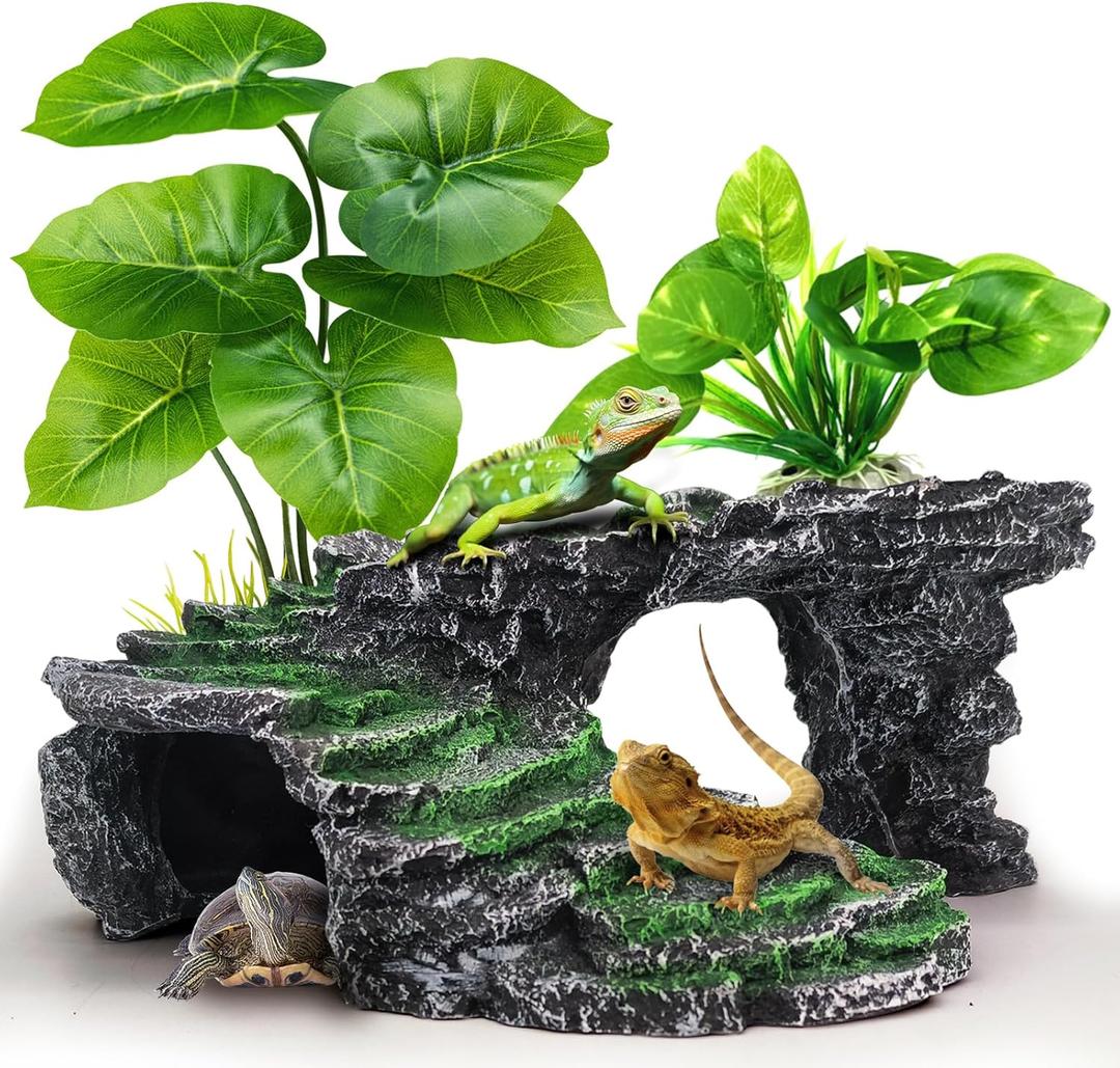 GOZILLA Turtle Basking Platform Kit, Reptile Habitat Hideout, Decorative Resin for Aquarium & Terrarium, Including Artificial Plant*2.(Black-M-Kit)