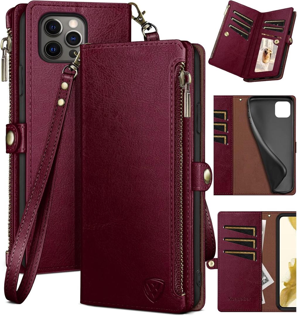 XcaseBar for iPhone 15 Pro Max 6.7" Wallet case with Zipper Credit Card Holder RFID Blocking,Flip Folio Book PU Leather Shockproof Protective Cover Women Men for Apple 15 ProMax Phone case Wine Red (Solid)