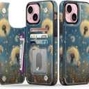 FUNMIKO for iPhone 15 Plus Wallet Case with Card Holder + Cash Clip, RFID-Blocking, Military-Grade Drop Protection & UV-Printed Artwork, Magnetic Closure with Leather Kickstand - Dandelion in The Sky