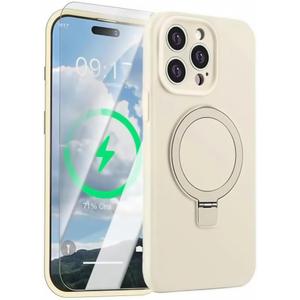 Mag-Ring Designed for iPhone 16 Pro Case, Liquid Silicone Soft Slim Phone Case with Stand [MagSafe Compatible] 1x Screen Protector Included (Vintage White, iPhone 16 Pro)