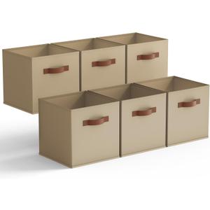 GRANNY SAYS Cube Storage Bins, 11 Inch Cube Storage Organizer with PU Handle, Khaki, Foldable Clothing Organizer Bins, Storage Baskets for Shelves, Closet, 6-Pack