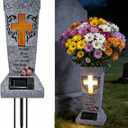 Solar Cemetery Vase for Grave Decor - Waterproof Memorial Flower Holder with LED Cross Light - Sympathy Gifts for Loss of Loved One, Cemetery Decorations for Fresh or Artificial Flowers