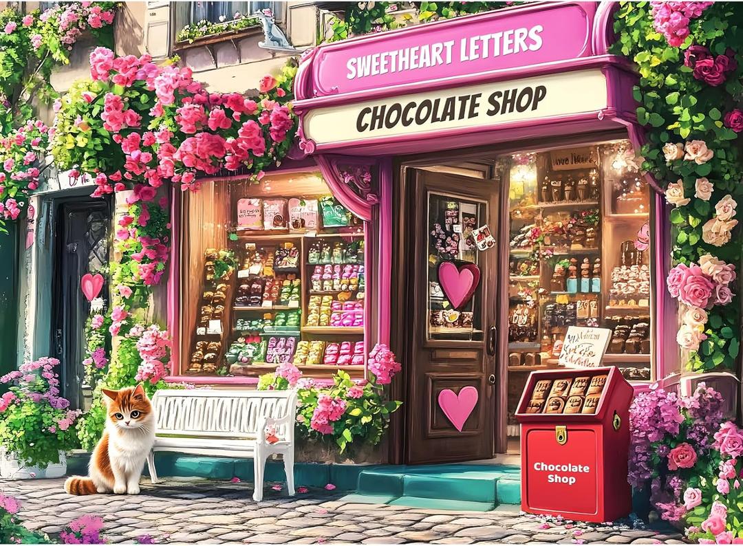 Jigsaw Puzzles 300 Pieces for Adults,Chocolate Shop 300 Piece Puzzles,Cat Puzzle for Kids Adult Senior,Pink Flowers Challenging Puzzles Family Activity Great Gift Home Decor 20.5x15 in