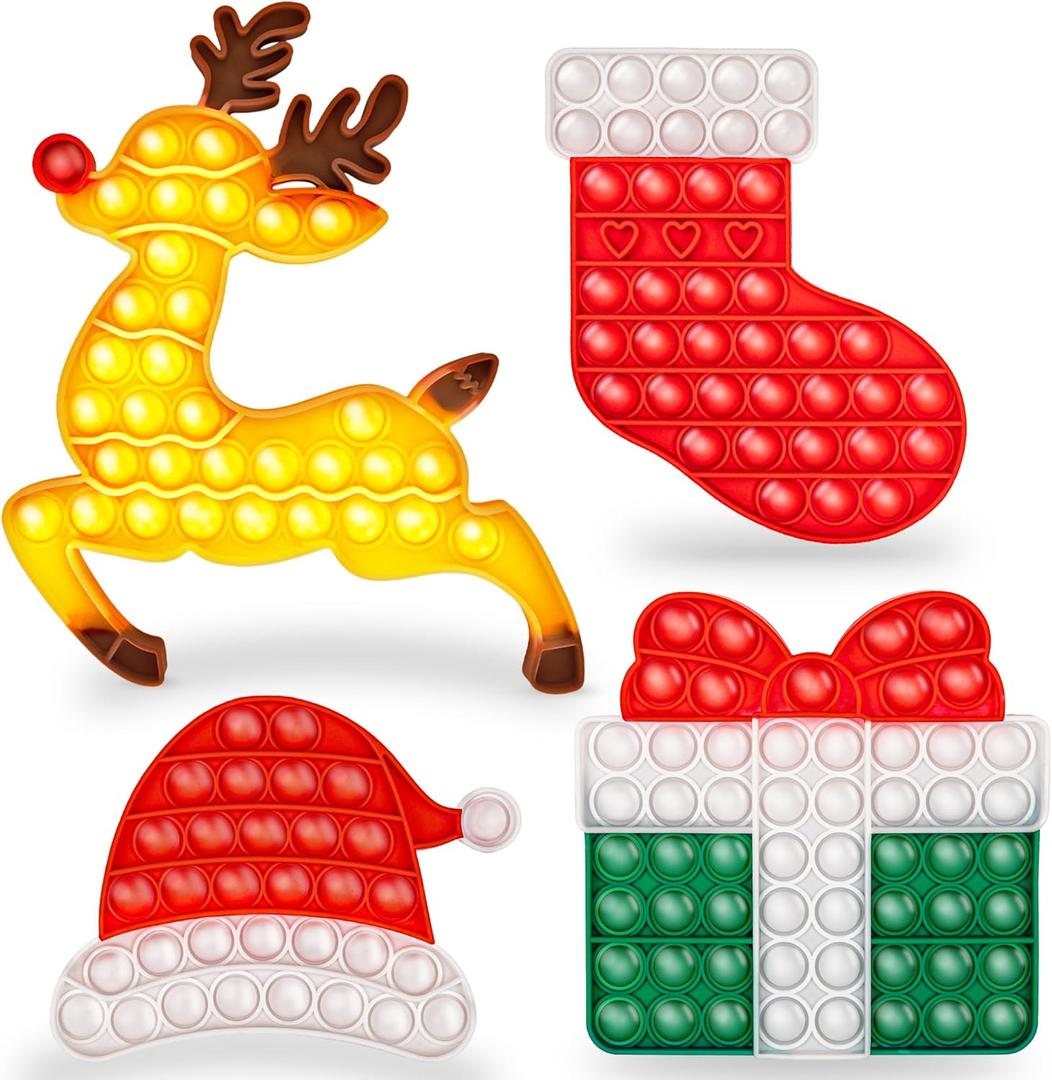 ArtCreativity Christmas Poppers for Kids - 4 Pack - Christmas Pop Its Bubble Fidget Sensory Toys Include Rudolph The Reindeer & Santa Hat - Basket Stocking Stuffers - Holiday Birthday Party Favors