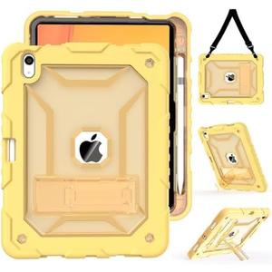 TIMISM Case for iPad (A16) 11th/10th Generation(2025/2022) with Shoulder Strap, Kickstand and Pencil Holder, Translucent Hard PC Back Cover, Heavy Duty Shockproof Rugged Protective Case, Yellow