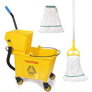 35Qt Commercial Mop Bucket with Side Wringer,Including 1* Commercial Loop-end Mop and 1* Mop Head Replacement