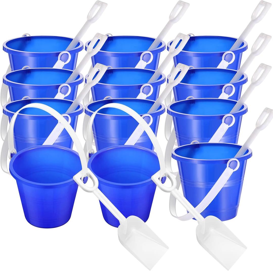 12 Pack 4 Inch Beach Buckets and Shovels for Kids Sand Pails Plastic Sand Buckets Bulk Small Toy Pails at The Beach, Use for Toddlers Little Guys(Blue)