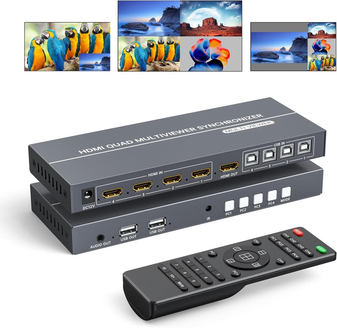 4 Port HDMI KVM with Multi-Viewer, 4x1 Quad Multiviewer Seamless Switcher, Support 4K@30Hz, PIP & POP, Keyboard Hotkey Switch, 3.5mm Audio Output