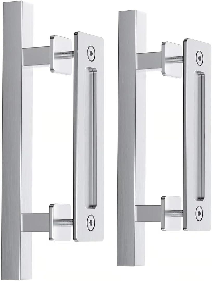 EaseLife 12" Stainless Steel Sliding Barn Door Pull Handle with Flush Hardware Set,Double Sided,Brushed Finish,Square,2 Pack (Silver)