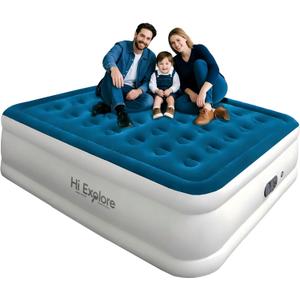 Air Mattress Queen with Built in Pump Raised, with Comfort Plush, Portable Air Bed for Home, Guests, Camping,(Blue, 22 Height)
