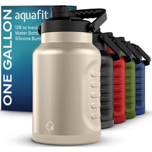 AQUAFIT 1 Gallon Insulated Water Bottle (Cold for 48 Hrs) - BPA Free & Leak Proof - 128oz Stainless Steel Jug - Big Water Bottle with Handle for Gym, Hiking, Camping & Travel (Coastal Sand)