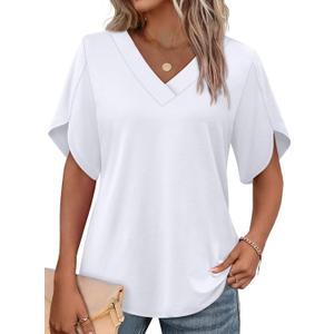 WIHOLL Womens Summer Tops Short Petal Sleeve Shirts Fashion V Neck Outfits Clothes (X-Large, 01 White)