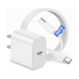 iPhone 17 16 15 Charger Block and 10ft Type C to C Cable Cord Long, 20W USB C Fast Charging Plug for Apple iPhone 17 Pro Max/17 Air/16 Pro Max/16 Plus/15 Pro/15/AirPods/iPad/Mini Wall Cube Brick Box