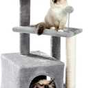 Made4Pets Cat Tree, Carpet Cat Tower Grey for Indoors Cats, Cute Wood Kitty Condo with Scratching Post and Pad, 29" Multi-Level Modern Activity Climbing Furniture for Small and Medium Cats