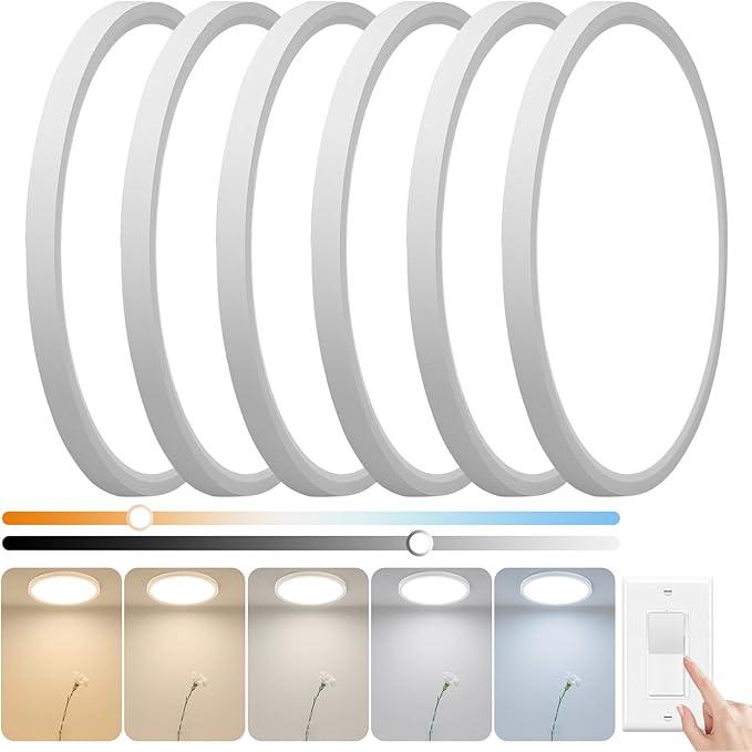 6 Pack 2640LM LED Flush Mount Ceiling Light, 24W Dimmable & 5 CCT Selectable (2700K-6500K), 12 Inch Ultra-Thin Round Flat Light Fixture for Bedroom Kitchen Hallway, White